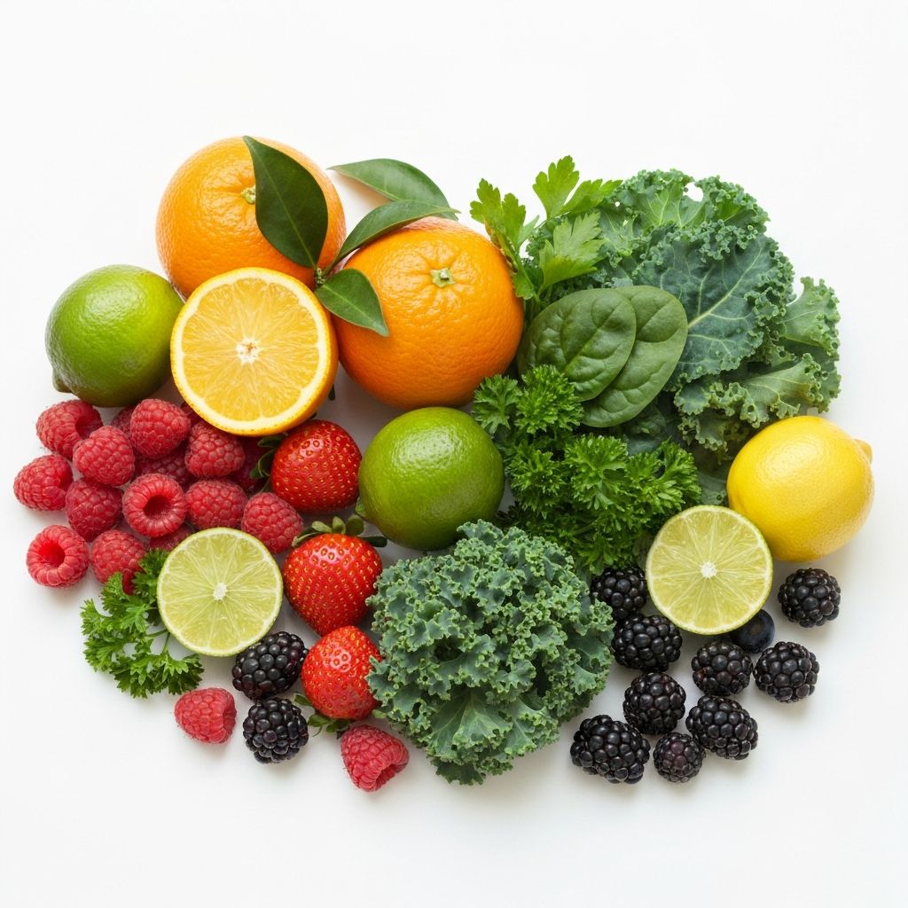 Vitamin-rich foods including citrus and vegetables